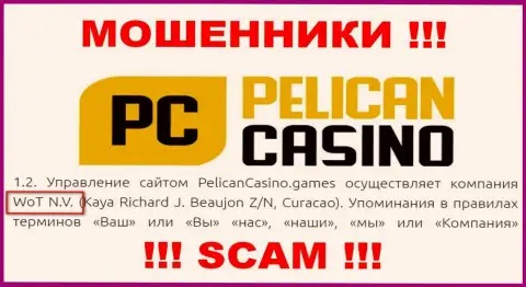 Юридическое лицо организации PelicanCasino - это WoT N.V.