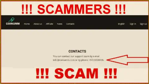 Coinumm Com phone number listed on the scammers website