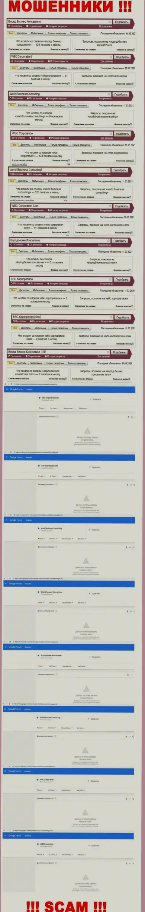 Число online-запросов данных о махинаторах Ворлд Бизнес Консалтинг в глобальной internet сети