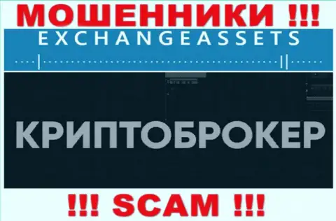 Тип деятельности интернет-мошенников Exchange Assets - это Криптоторговля, однако помните это развод !!!