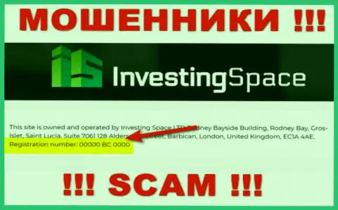 Номер регистрации жульнической компании Investing Space LTD - 00000 BC 0000