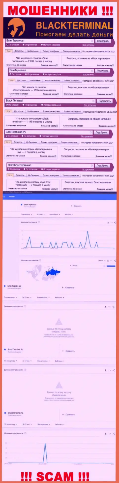 Число поисковых запросов данных об махинаторах БлэкТерминал в глобальной интернет сети