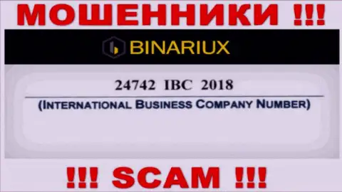 Binariux Net оказалось имеют регистрационный номер - 24742 IBC 2018