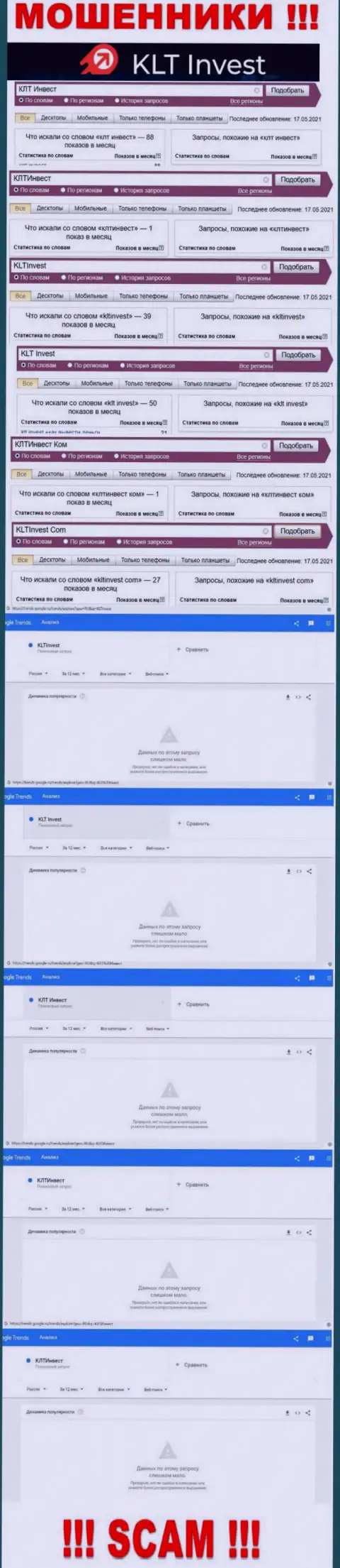 Статистические данные по бренду KLT Invest, сколько именно лохов заинтересовались этими интернет-ворами