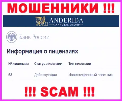 AnderidaFinancialGroup пишут, что имеют лицензию от Центрального Банка РФ (инфа с web-ресурса мошенников)