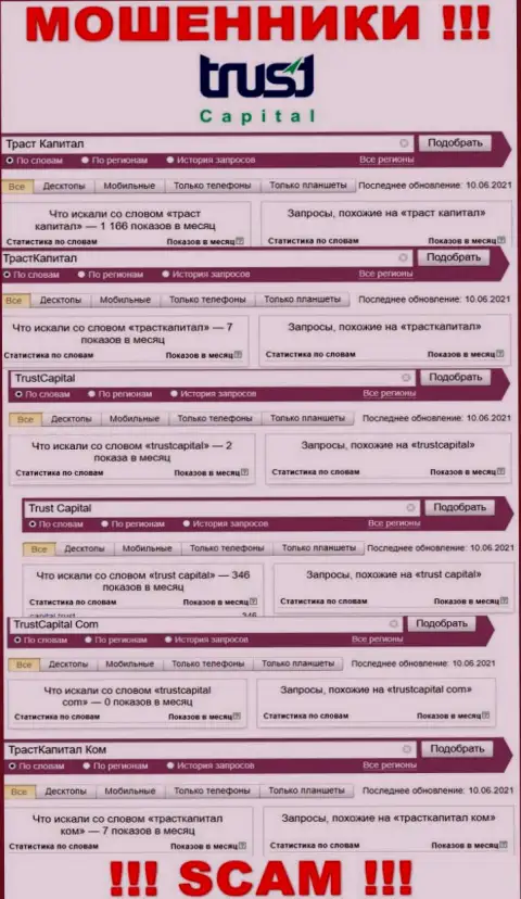 Статистические показатели online-запросов по кидалам ТрастКапитал Ком в поисковиках глобальной сети internet