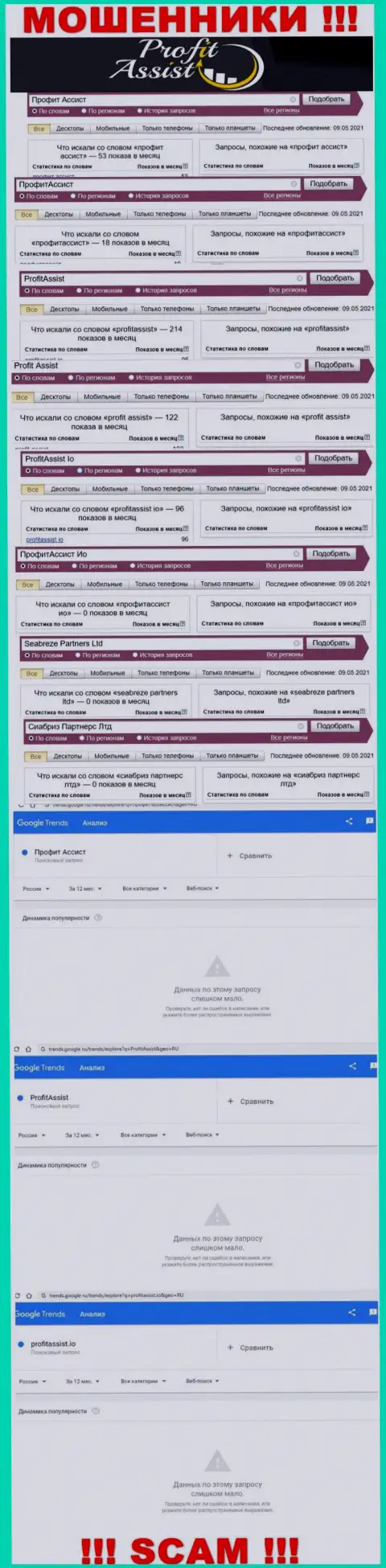 Онлайн-запросы по бренду махинаторов Profit Assist в поисковиках сети Интернет