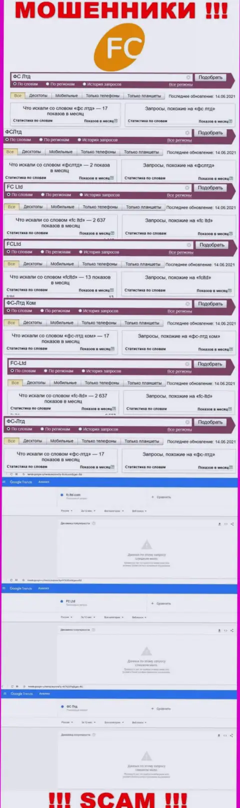 Детальная информация по суммарному числу запросов по махинаторам ФС Лтд в интернет сети