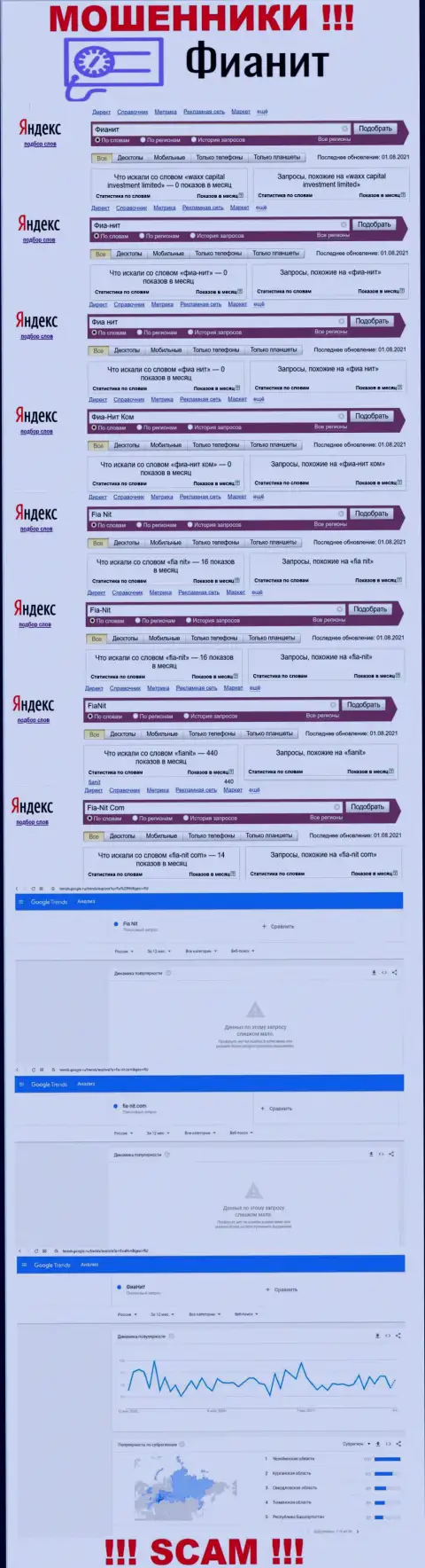 Статистические показатели об online запросах по бренду интернет-махинаторов FiaNit
