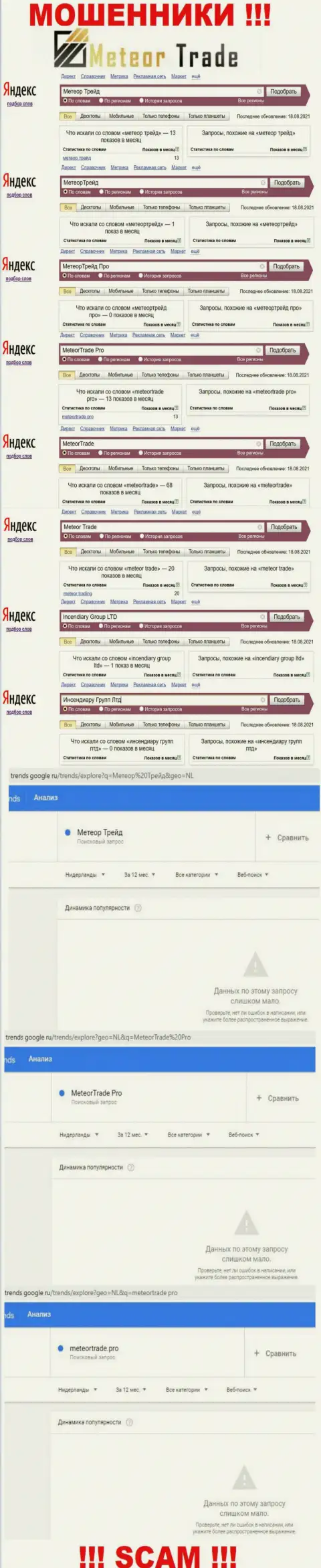 Аналитика запросов, относительно мошенников Метеор Трейд, в интернете