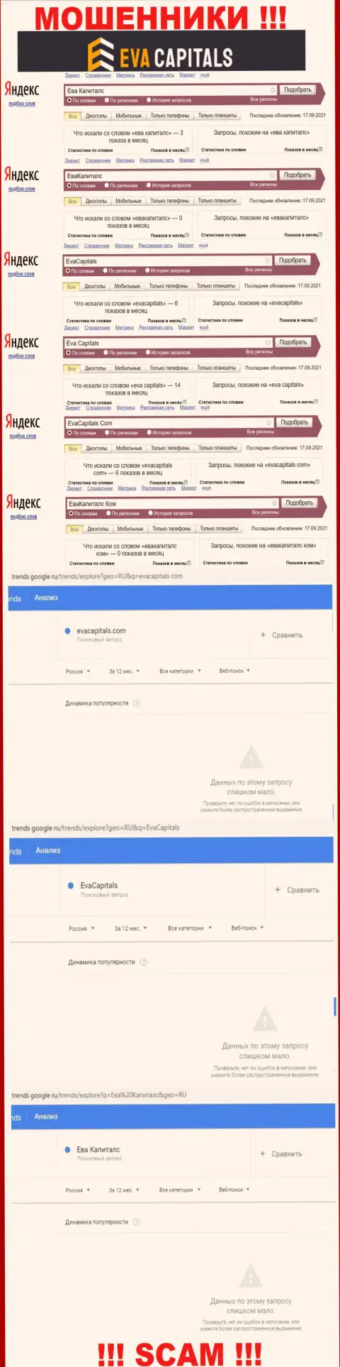 Число online запросов инфы о мошенниках ЕваКапиталс в глобальной сети