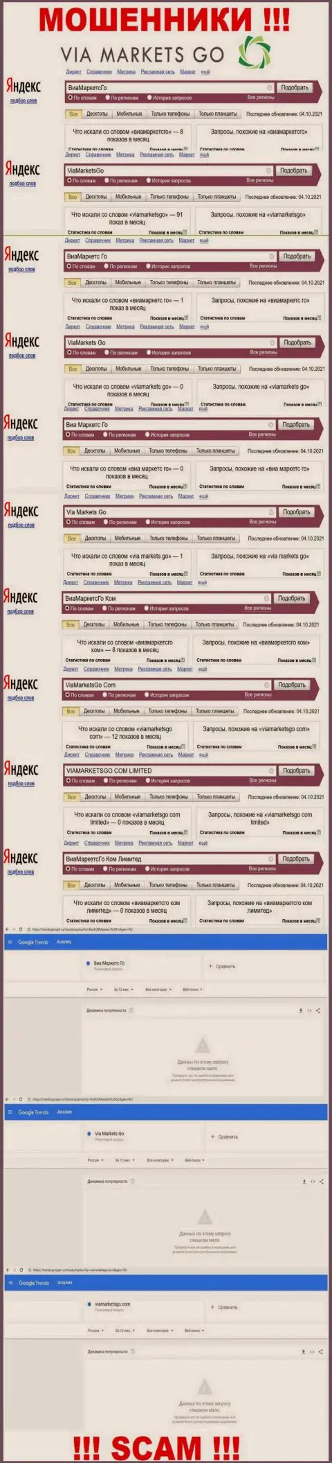 Статистические показатели по онлайн запросам преступно действующей компании ViaMarketsGo в поисковиках всемирной интернет сети