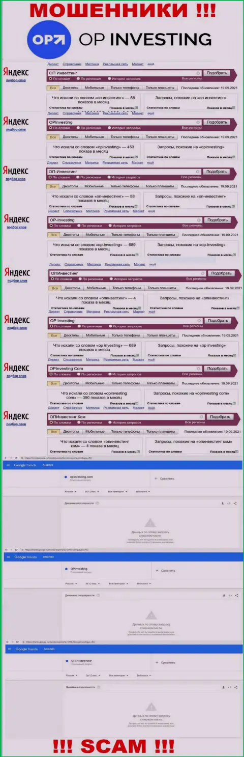 Суммарное число online-запросов пользователями всемирной сети материала о аферистах OP-Investing