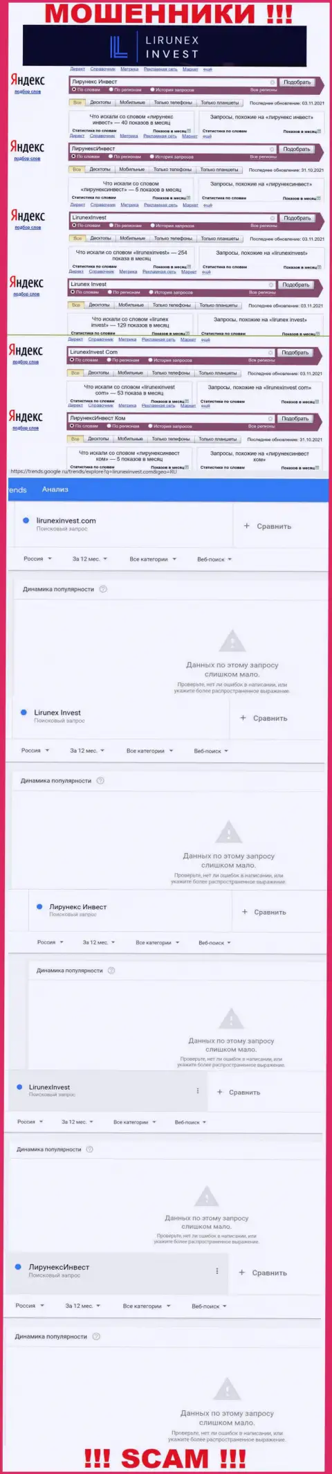 Статистические данные по брендовым поисковым запросам по мошенникам LirunexInvest Com в интернет сети
