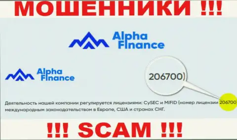 Лицензионный номер Alpha-Finance, у них на сайте, не поможет сохранить Ваши вложенные деньги от прикарманивания