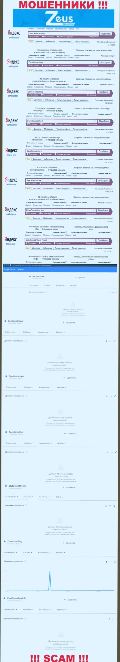 Сколько именно раз посетители глобальной сети интернет искали сведения о обманщиках Зевс Консалтинг ?