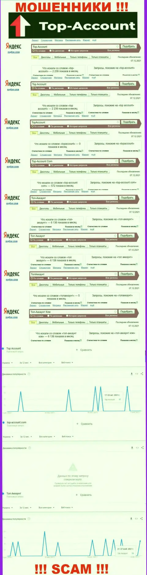 Суммарное число поисковых запросов во всемирной интернет паутине по бренду мошенников Top Account