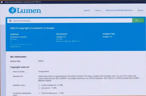 Жалоба от юр лица мошенников Jet Casino на web-сервис Forex-Brokers.Pro