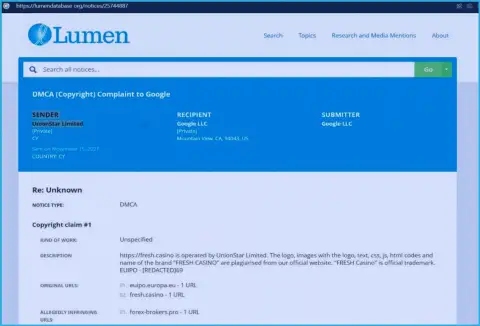 Жалоба на информационный сервис Forex-Brokers.Pro, разместивший материал о мошенниках Фреш Казино