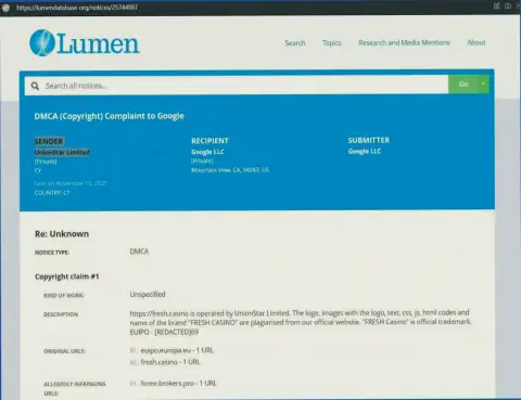 Жалоба на интернет-страницу сайта Форекс Брокерс Про с обзорной статьей о мошенниках Fresh Casino