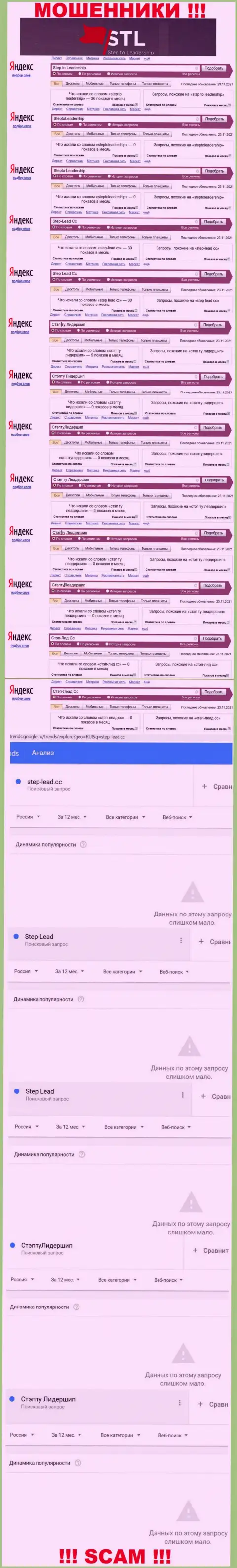 Статистические данные интернет запросов в поисковиках относительно мошенников Step-Lead Cc
