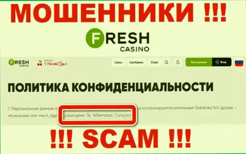 Не взаимодействуйте с организацией Fresh Casino - данные разводилы сидят в офшоре по адресу Julianaplein 36, Willemstad, Curaçao