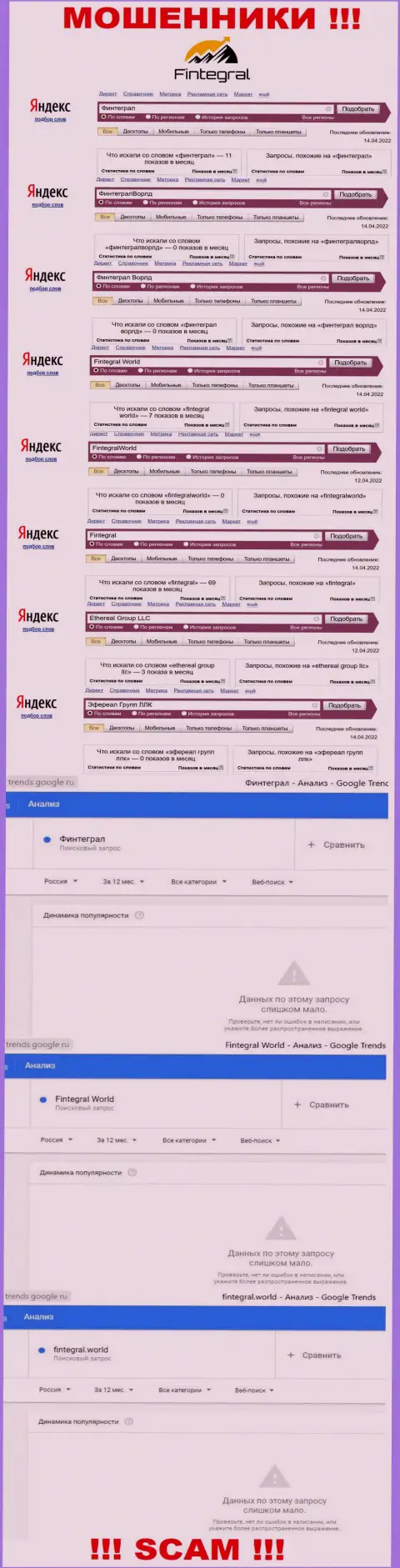 Статистические данные по брендовым запросам по мошенникам ФинтегралВорлд во всемирной интернет сети