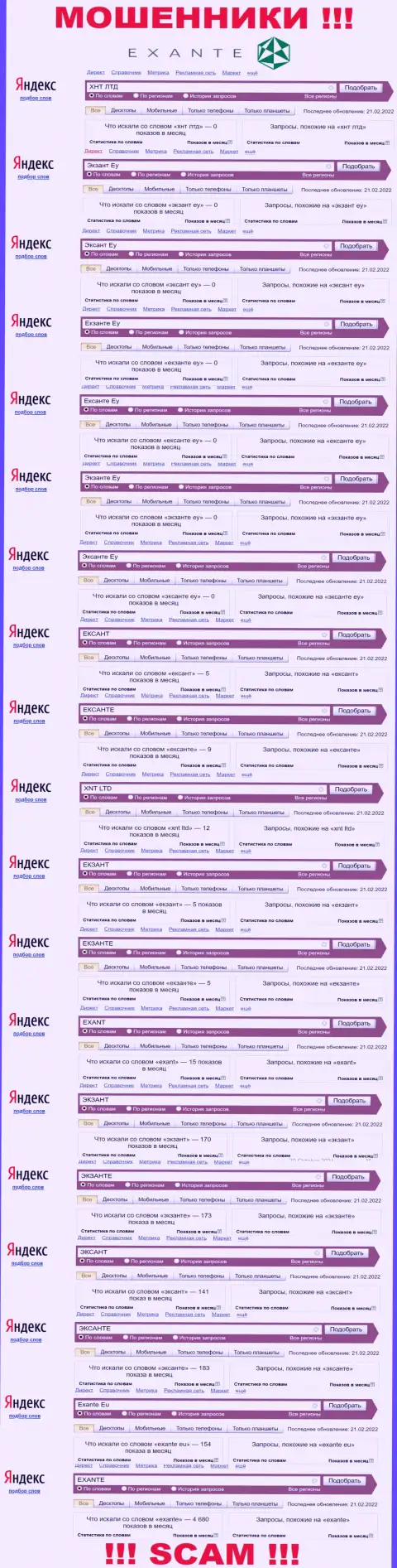 Число online запросов в поисковиках интернета по бренду махинаторов ЭКСАНТ