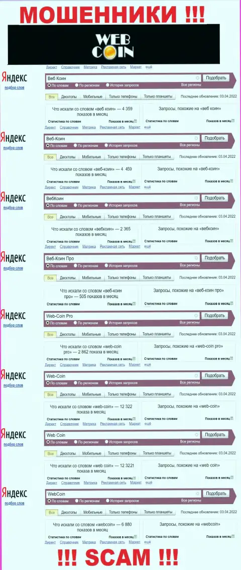 Насколько часто интересуются мошенниками WebCoin посетители всемирной интернет сети ?