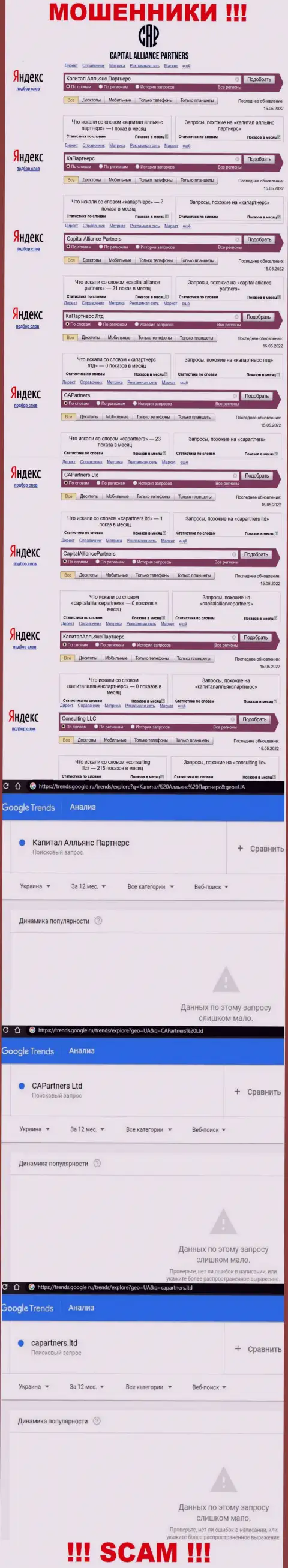 Информация по онлайн запросам неправомерно действующей организации CAPartners в поисковиках всемирной internet сети