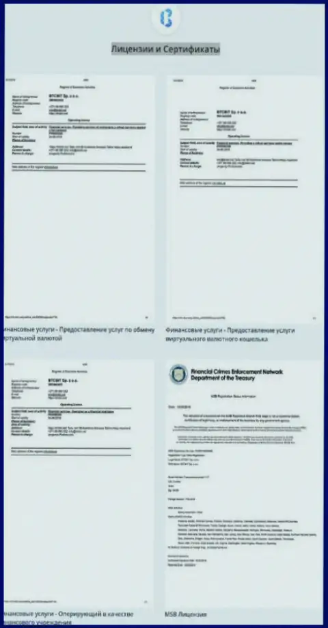 Сертификаты и лицензии, которыми владеет интернет организация БТКБит Нет