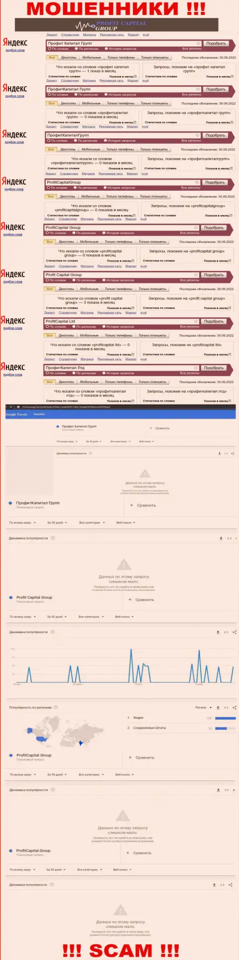 Аналитика онлайн-запросов по мошенникам Профит Капитал Групп в сети