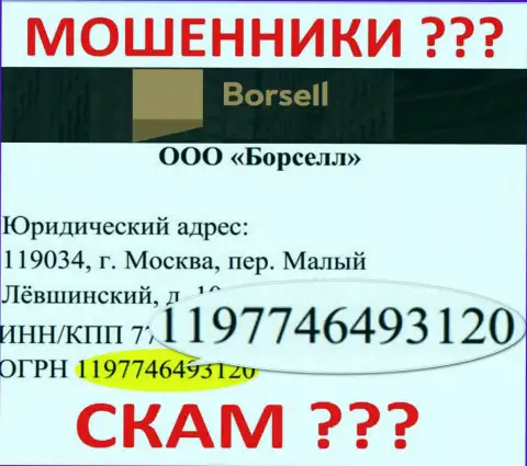 Регистрационный номер преступно действующей компании ООО БОРСЕЛЛ - 1197746493120