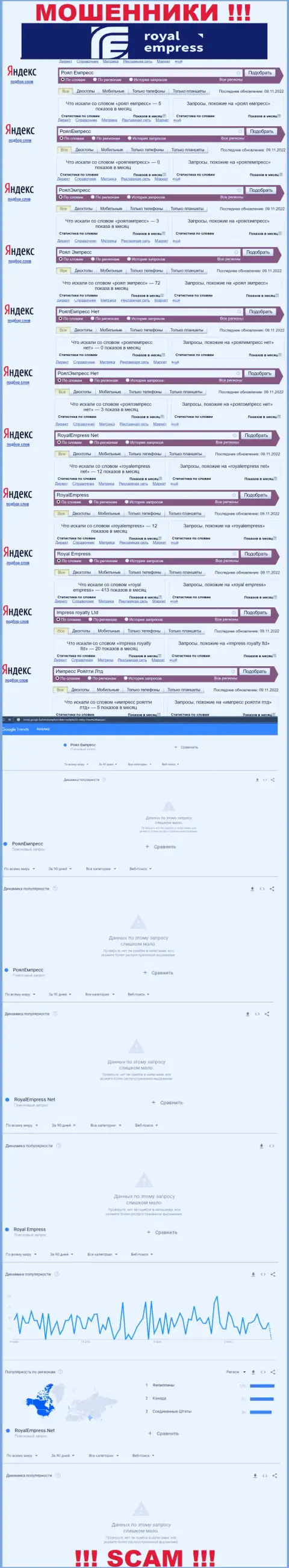 Сколько конкретно лохов искали данные о интернет-мошенниках Royal Empress, о чем говорит статистика онлайн запросов ?