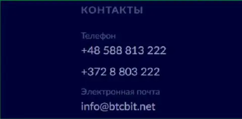 Телефон и Е-mail online обменки BTC Bit