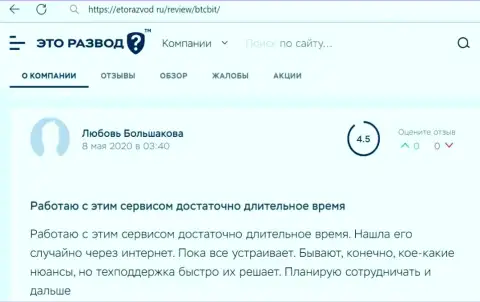 Качество работы отдела технической поддержки обменки BTC Bit в отзыве клиента на веб-портале etorazvod ru