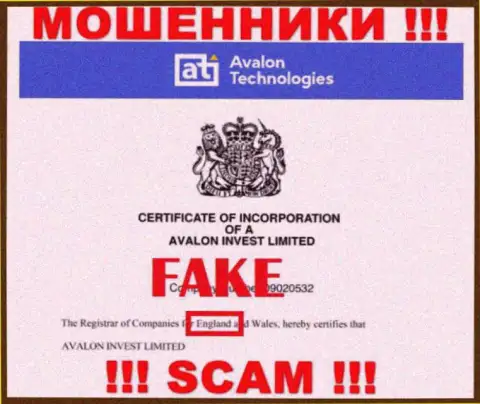 Оффшорный адрес регистрации конторы Авалон неправдив - мошенники !